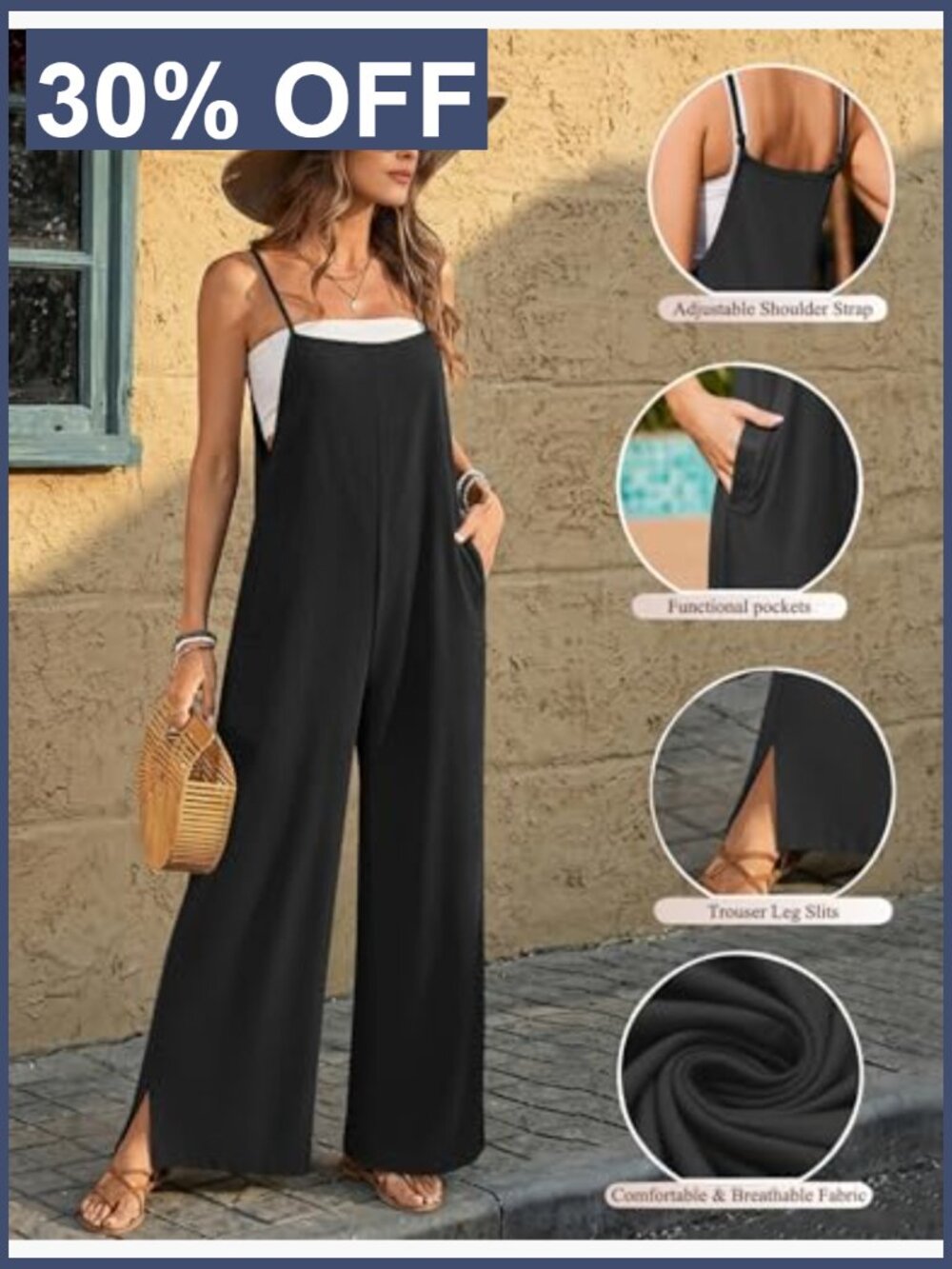 Casual Wide Leg Jumpsuit with Pockets Sleeveless Summer Romper - Picture 5 of 7